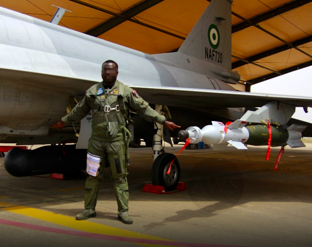 Nigerian Air Force JF-17 Thunder fighter jet loaded with ASELPOD and GBU-12 laser-guided bombs